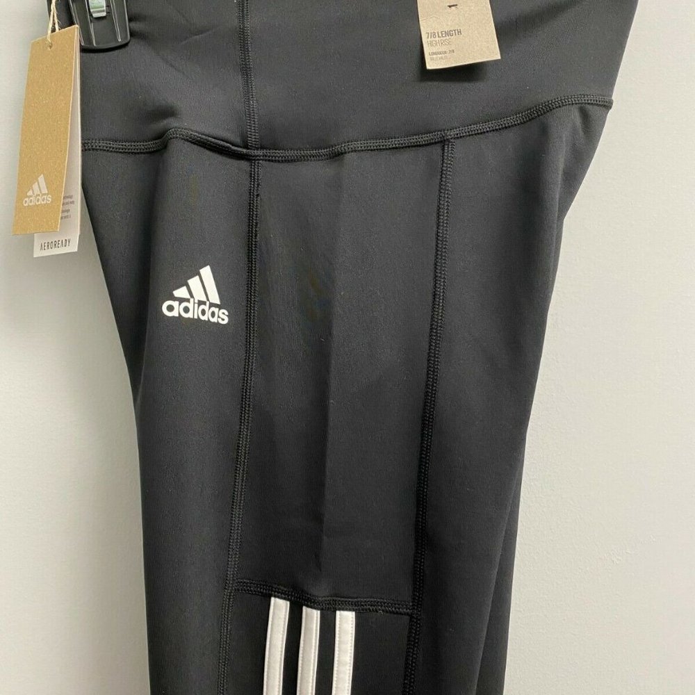 ADIDAS Women 7/8 Length 3-Stripe Active Tight High Waisted--Black - Picture 6 of 11